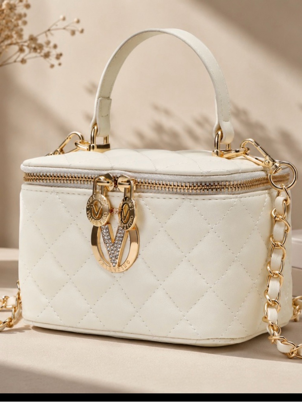 Valentino Orlandi Quilted Vegan  Leather Mini Top-Handle Bag with Gold Hardware